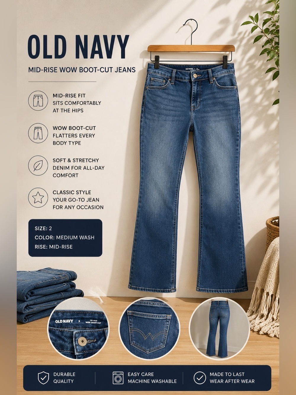 Old Navy Wow Boot-Cut Jeans Women’s Size 2 Medium Wash Mid Rise Stretch Denim